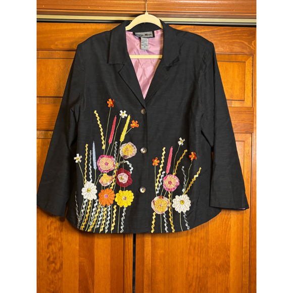 Indigo Moon Blazer Floral Appliqué Embroidery Art Button Front Multicolor W 1X - Picture 4 of 16